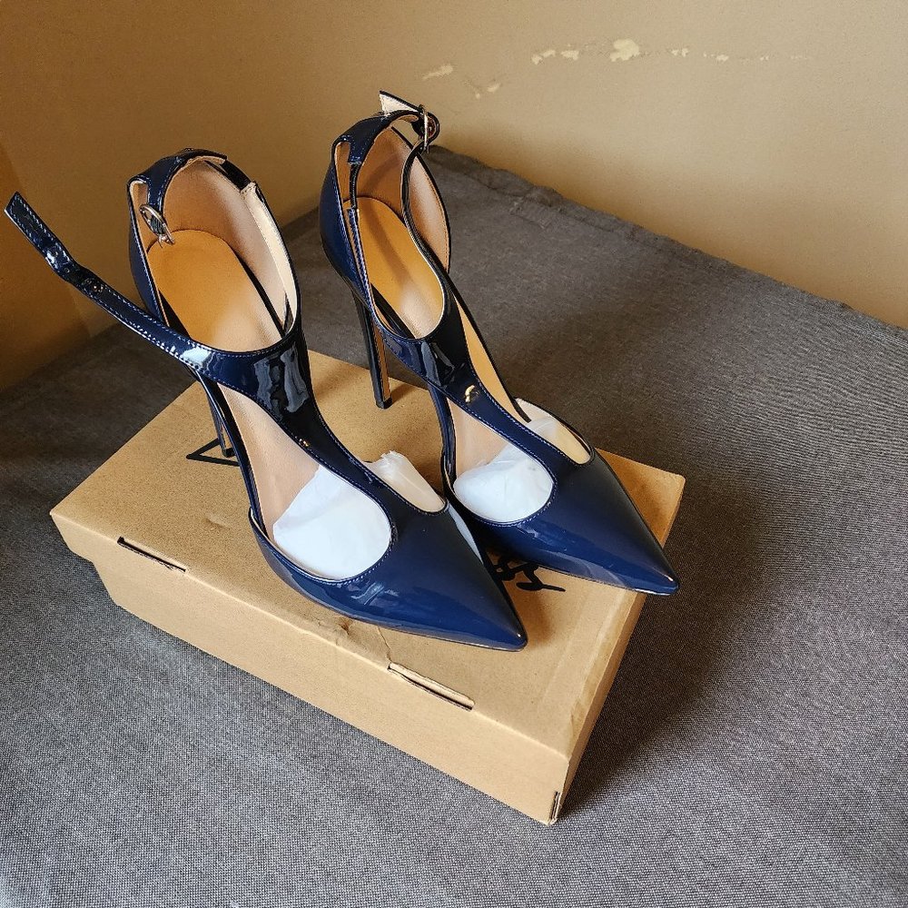 Luxedress Patent Leather T-Strap Stiletto Pumps, Navy Blue, EU 41 - US 10
